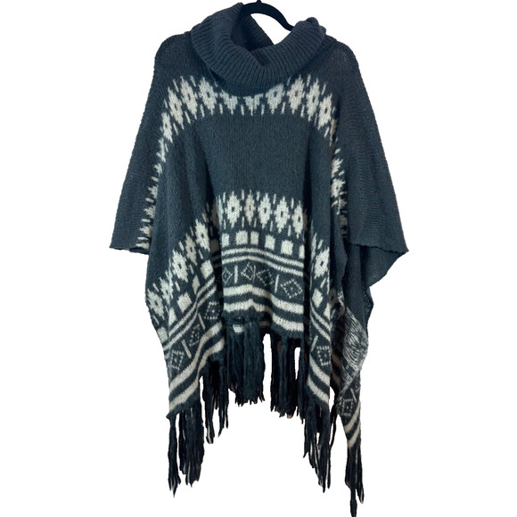Wooden Ships Cowl Poncho Sweater Womens S/M Mohair Wool Blend Fringe Blue D60 - Picture 1 of 5